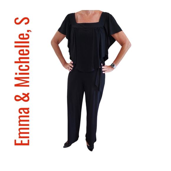 Emma & Michele Womens Solid Black Pants Jumpsuit Flutter Sleeves, Small - Picture 1 of 2